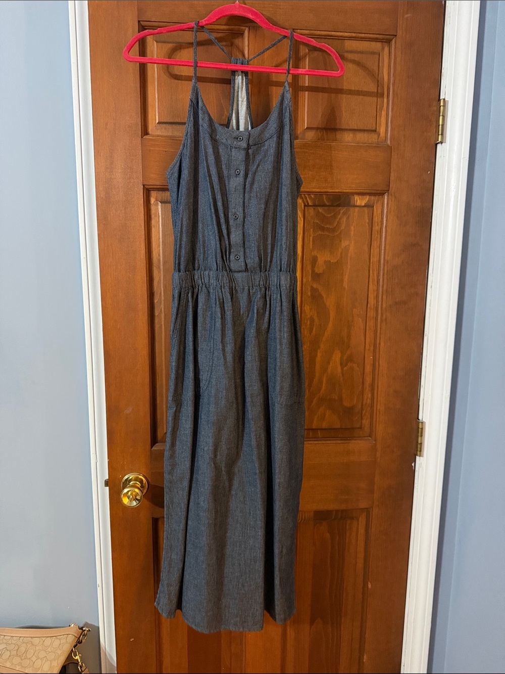 Sleeveless Prana Button-Front Midi Dress in Denim